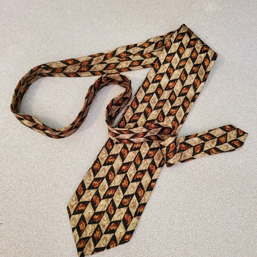 Canali Silk Necktie Mens Geometric Harlequin‎ Leaf Pattern Brown Tan Gold Italy